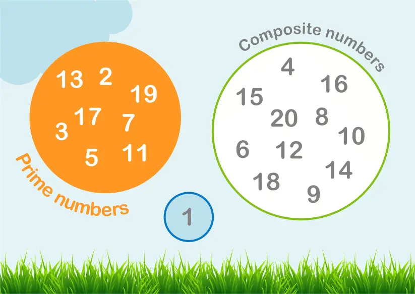 Illustration showing two separate circles. One circle shows all prime numbers from 1 to 20, while the other circle shows all composite numbers from 1 to 20. One stands in between those circles signaling that it's neither prime nor composite.