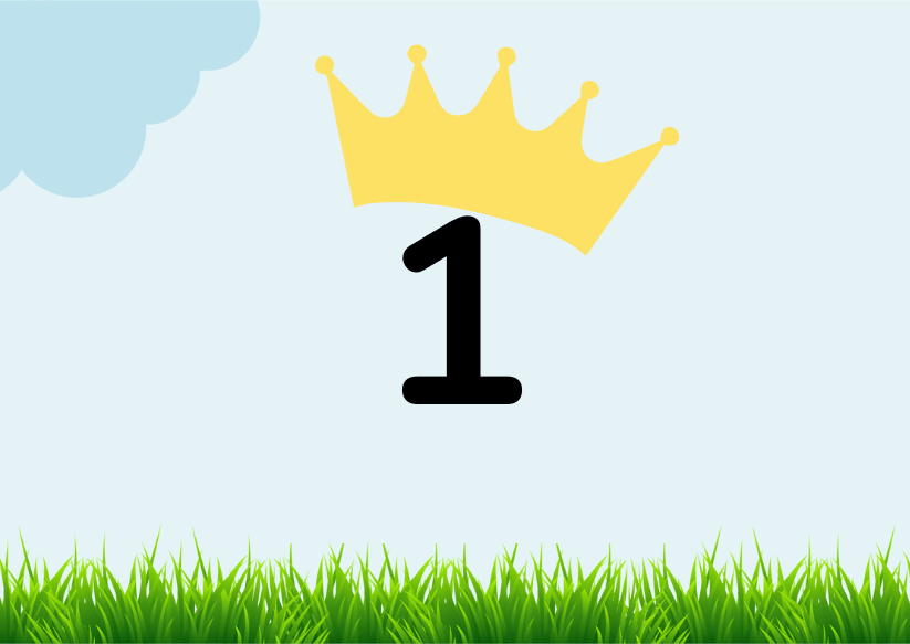 illustration of number one standing with a yellow crown on top of it. The lendscape behind is colored blue and has clouds and green grass