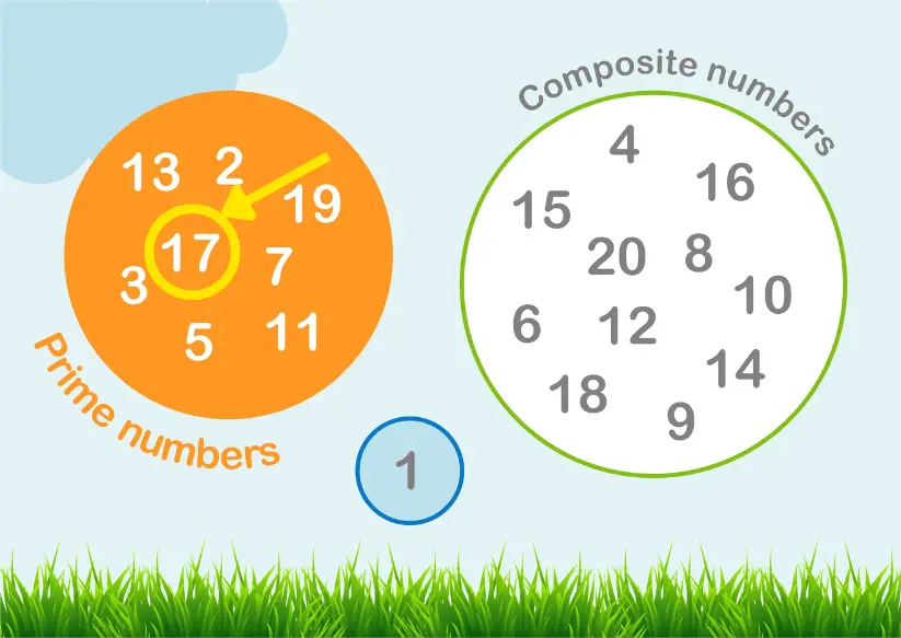 Venn diagram showing prime numbers and composite numbers, with 17 highlighted in the prime numbers circle. The image answers the question "is 17 a prime number". Prime numbers are displayed in orange and composite numbers in white, with 1 in a separate blue circle.