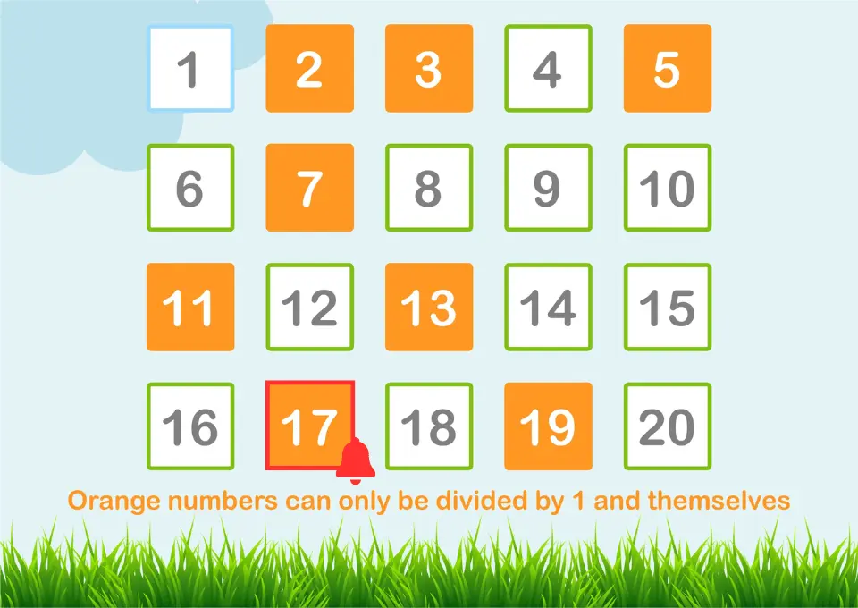 Chart displaying numbers from 1 to 20 with prime numbers highlighted in orange, including the number 17 with a red notification bell, indicating that orange numbers can only be divided by 1 and themselves.