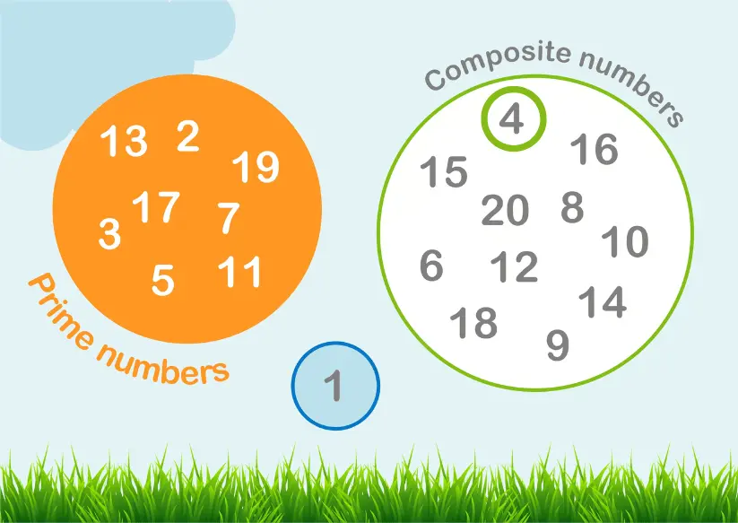 Illustration showing a set of prime numbers in an orange circle, including 2, 3, 5, 7, 11, 13, 17, and 19, and a set of composite numbers in a white circle, including 4, 6, 8, 9, 10, 12, 14, 15, 16, 18, and 20. The number 4 is shown separately in a green circle.