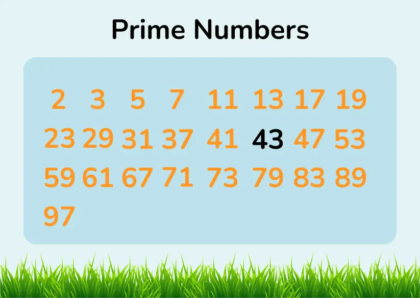 A chart displaying prime numbers from 2 to 97, with the number 43 prime number highlighted in black.