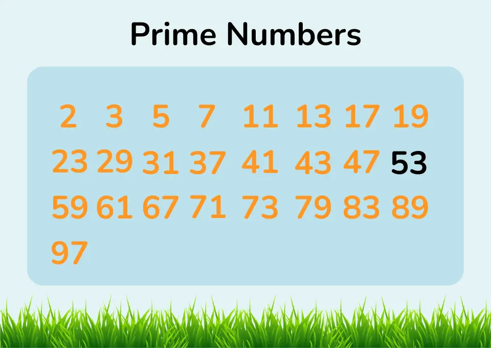 A chart displaying prime numbers from 2 to 97, with the prime number 53 highlighted in black.