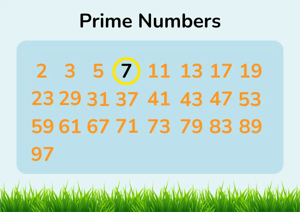 A chart displaying prime numbers from 2 to 97, with the number 7 highlighted in black.