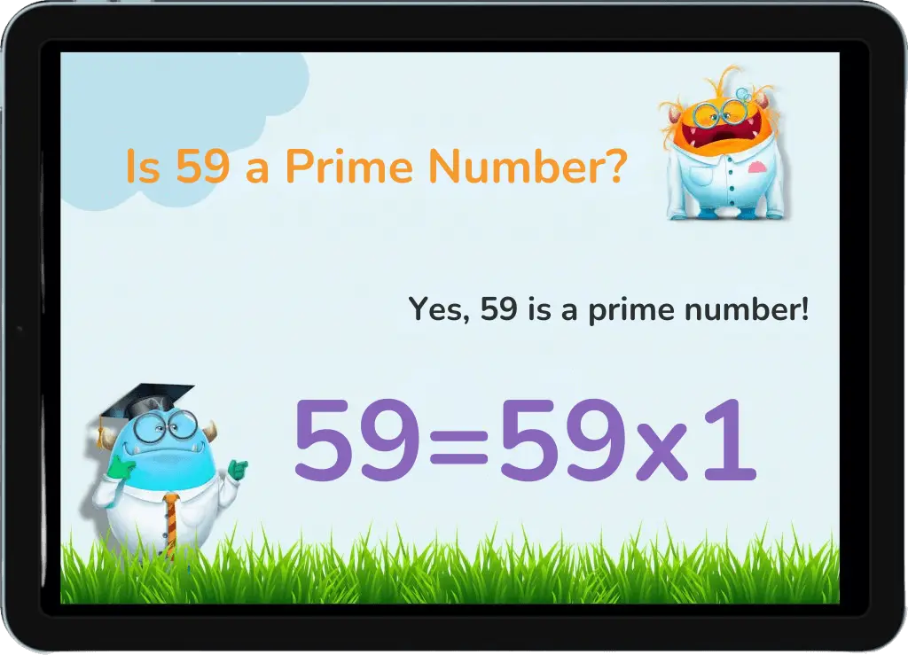 Is 59 a Prime Number?: Educational graphic stating that 59 is a prime number, with the equation 59 = 59 x 1.