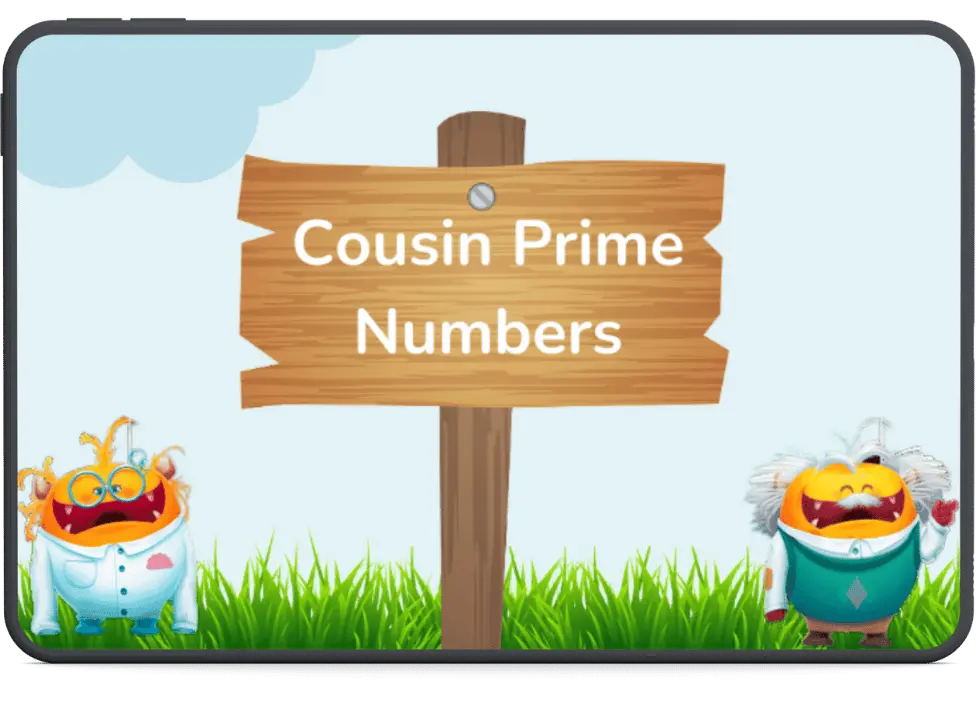 Illustration of a wooden sign with the text 'Cousin Prime Numbers' held up by two playful cartoon characters in a grassy field.