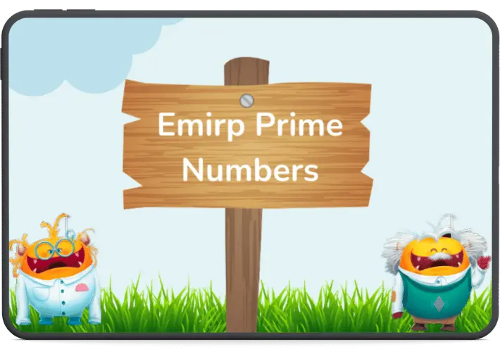 Illustration of a wooden sign with the text 'Emirp Prime Numbers' held up by two playful cartoon characters in a grassy field.