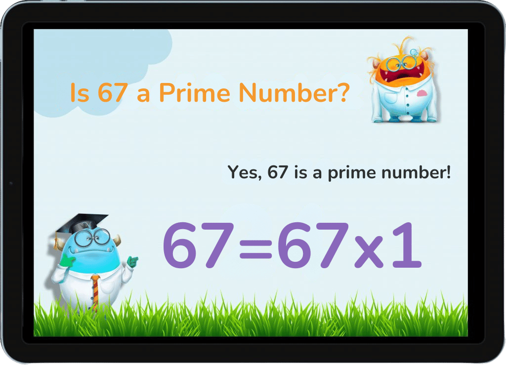 An illustration asking 'Is 67 a Prime Number?' with a playful design, confirming 'Yes, 67 is a prime number!' and showing the equation '67 = 67 x 1.'