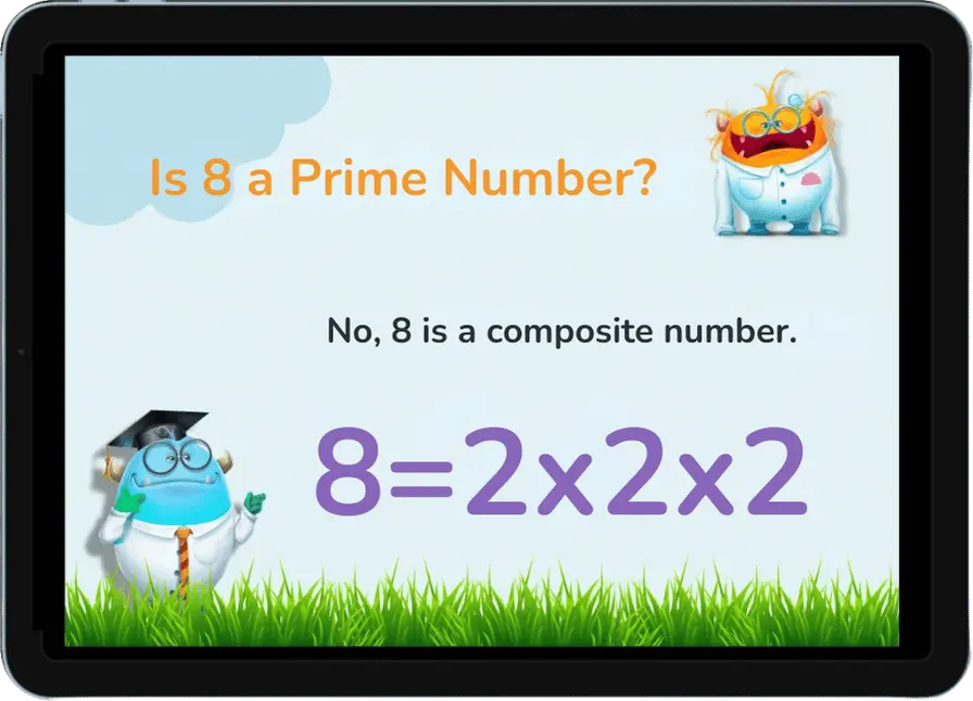 Graphic asking 'Is 8 a Prime Number?' with the answer 'No, 8 is a composite number' and an equation showing 8 equals 2 times 2 times 2. Two cartoon characters are present at the corners.