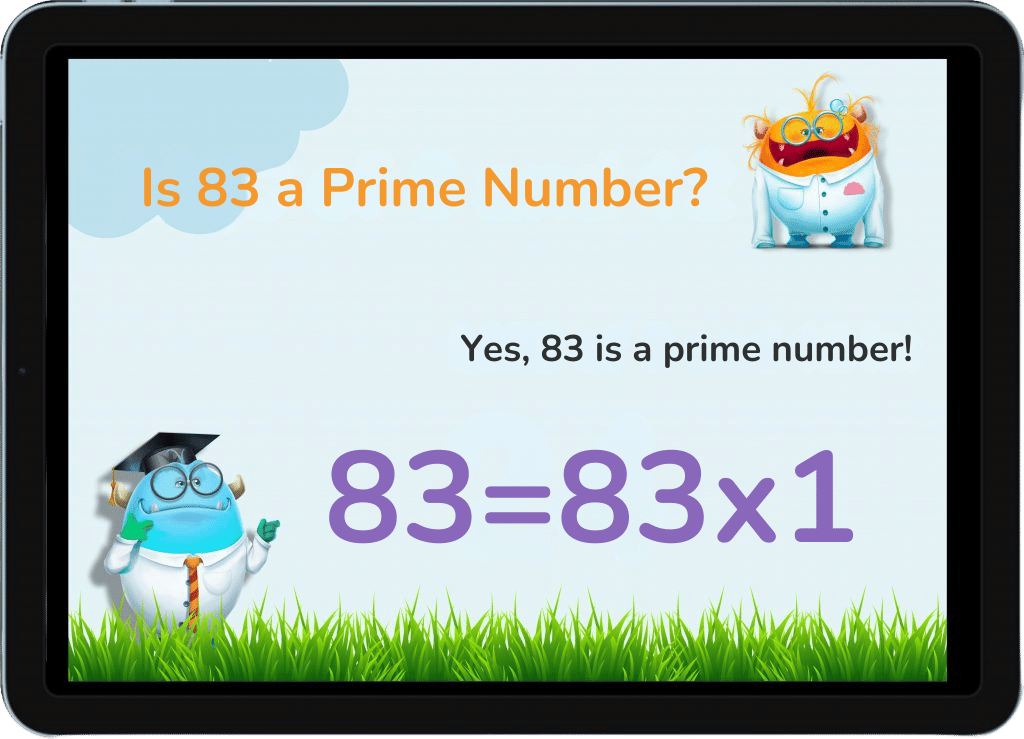 An illustration asking 'Is 83 a Prime Number?' with a playful design, confirming 'Yes, 83 is a prime number!' and showing the equation '83 = 83 x 1.'