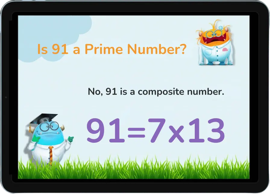 Graphic explaining that 91 is not a prime number, but a composite number, illustrated by 91 equals 7 times 13.