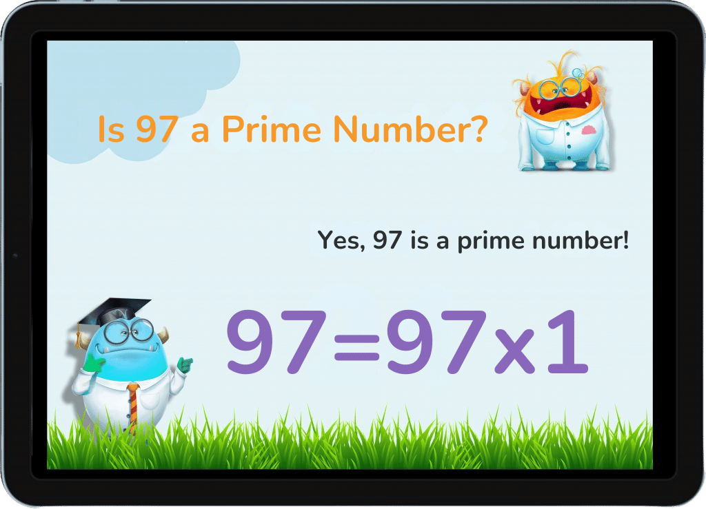 An illustration asking 'Is 97 a Prime Number?' with a playful design, confirming 'Yes, 97 is a prime number!' and showing the equation '97 = 97 x 1.'