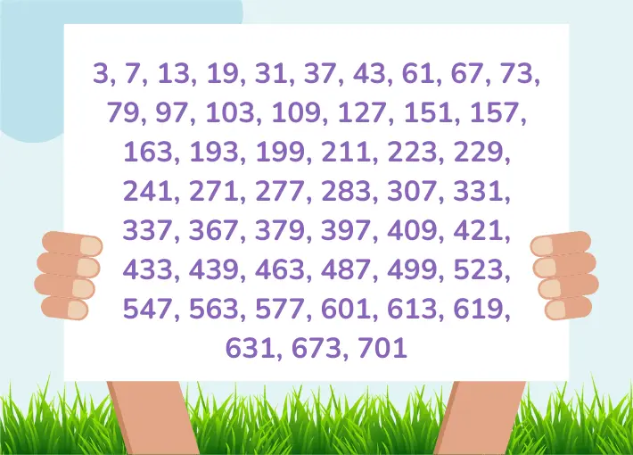 Illustration showing the first 50 lucky prime numbers, held up by two cartoon hands in a grassy field background.