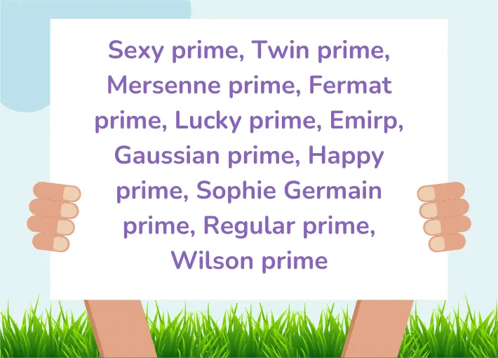 The image contains the following list of prime number classes:
Sexy prime, Twin prime, Mersenne prime, Fermat prime, Lucky prime, Emirp, Gaussian prime, Happy prime, Sophie Germain prime, Regular prime, Wilson prime