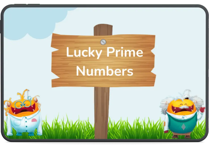 Illustration of a wooden sign with the text 'Lucky Prime Numbers' held up by two playful cartoon characters in a grassy field.