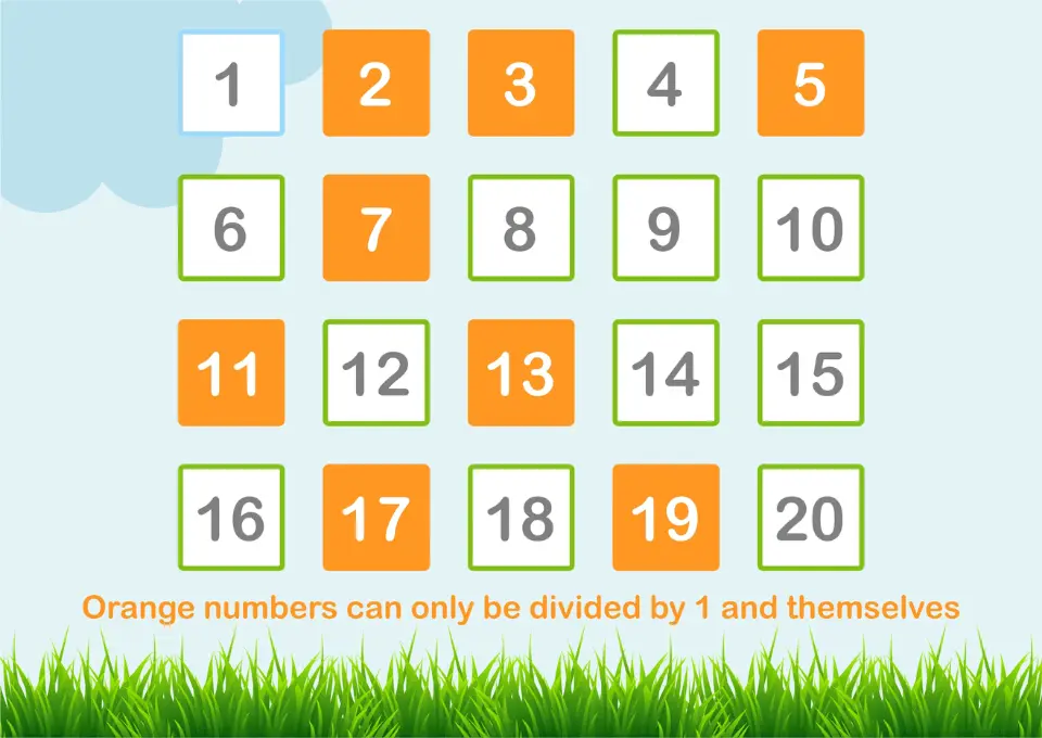 Chart displaying numbers from 1 to 20 with prime numbers highlighted in orange, illustrating the concept of prime numbers.