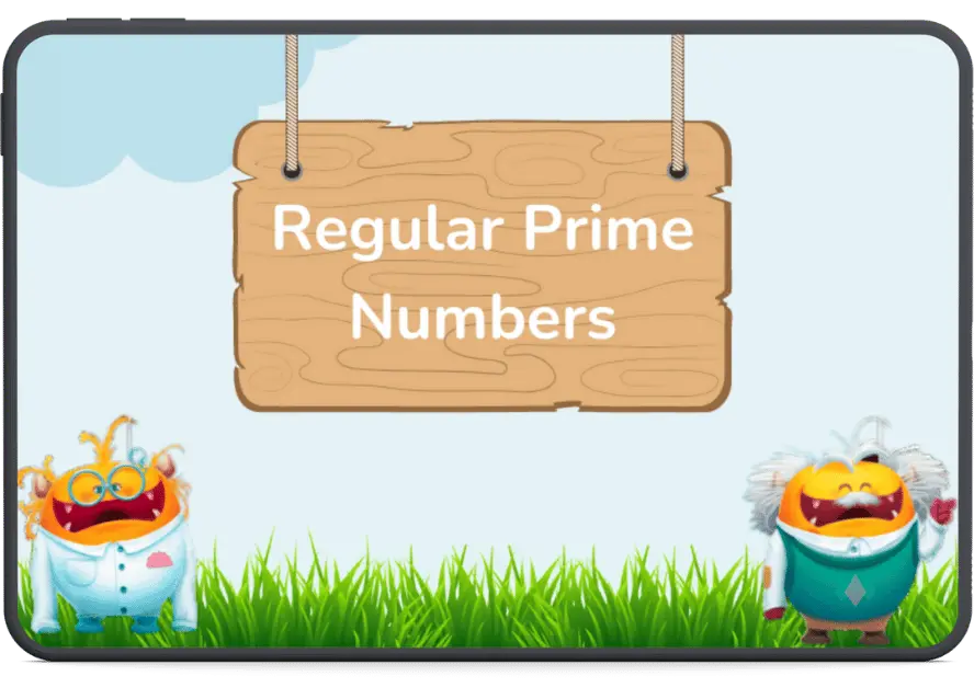 An educational illustration titled 'Regular Prime Numbers' featuring two playful cartoon characters with glasses and lab coats standing in grass under a wooden sign.