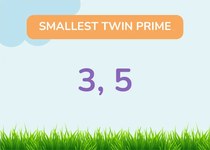 Illustration highlighting the smallest twin prime numbers, 3 and 5, with the text 'SMALLEST TWIN PRIME' above and a grassy field below.