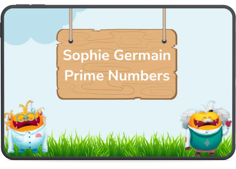 An educational illustration titled 'Sophie Germain Prime Numbers' featuring two playful cartoon characters with glasses and lab coats standing in grass under a wooden sign.