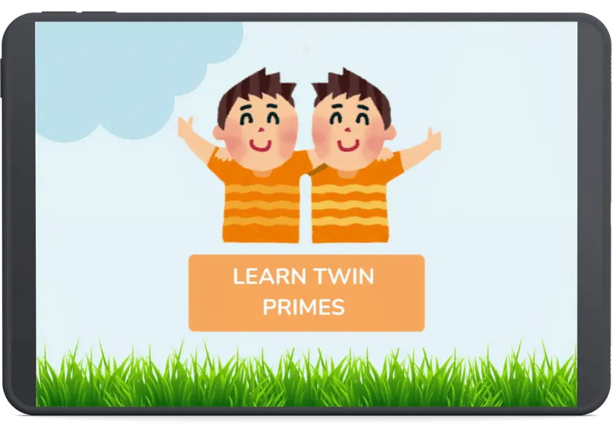 Illustration of two cartoon characters labeled 'LEARN TWIN PRIMES' standing together with arms raised, symbolizing twin prime numbers, with a grass field and blue sky in the background.