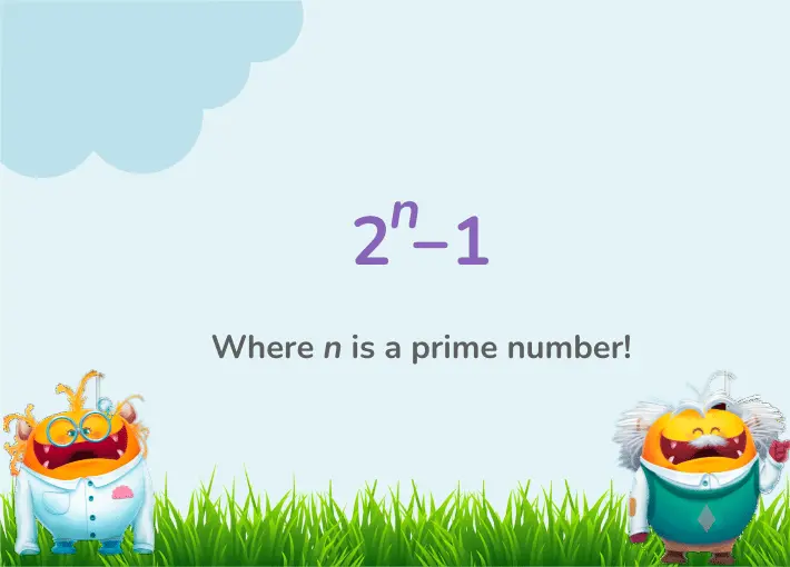 Illustration explaining Mersenne prime numbers with the formula '2^n - 1' where n is a prime number. Two cartoon characters, one in a lab coat and glasses on the left, and one with a beard in green on the right, stand on grass.