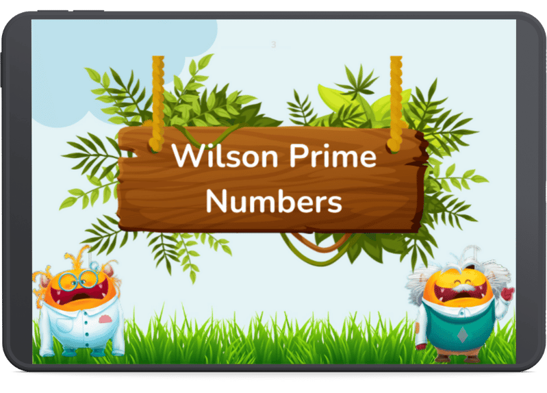 The image features a wooden sign with the text "Wilson Prime Numbers" hanging in a lush, green setting. There are two playful cartoon characters on either side of the sign, adding a fun and engaging element to the scene.